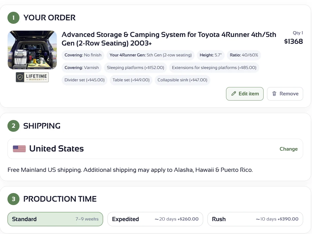 Current WheelsFeels checkout page showing Standard production time of 7 to 9 weeks for a 4Runner drawer system